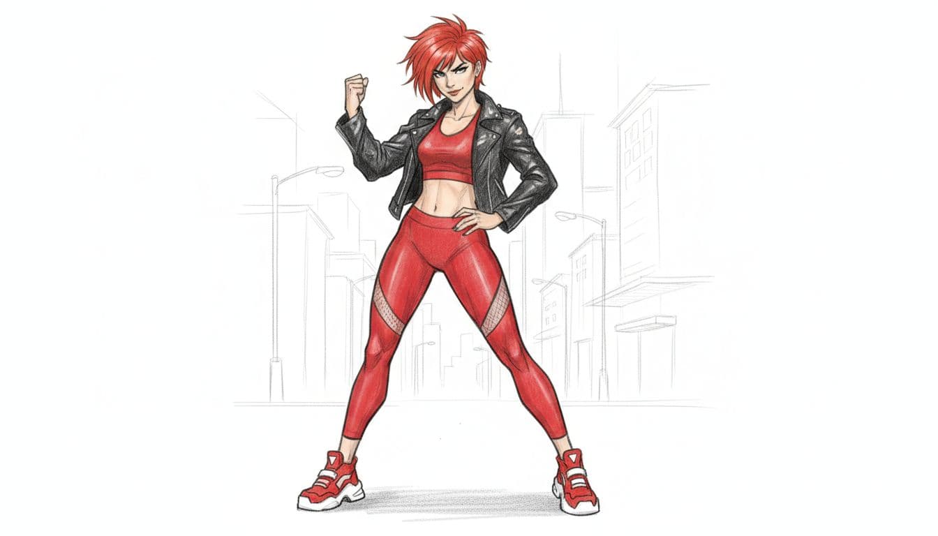 Hand-drawn graphite sketch of a confident Aries woman in bold red sporty outfit with leather jacket and sneakers, dynamic full-body pose centered on city street background with clean white backdrop.