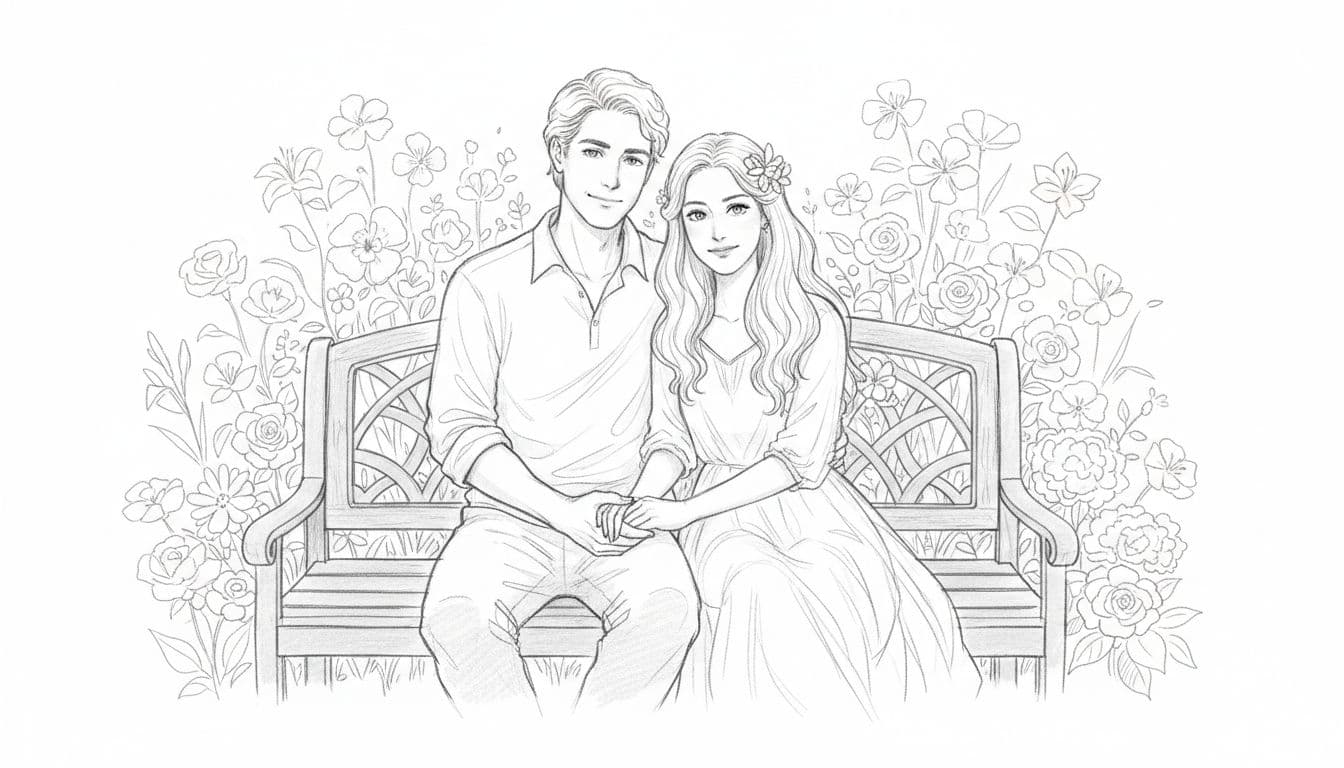 Hand-drawn sketch of a man and woman sitting close on a bench in a flower garden, gently holding hands to symbolize stable and calm love, featuring graphite linework, light shading, and clean white background.