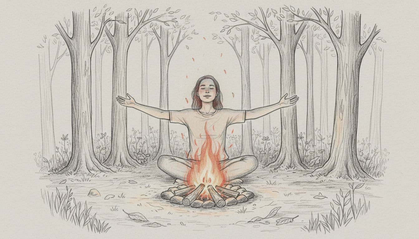 Hand-drawn graphite sketch of one person sitting relaxed with arms outstretched by a cozy campfire in a forest clearing at evening, warm glow on face, light shading on clean light gray background.