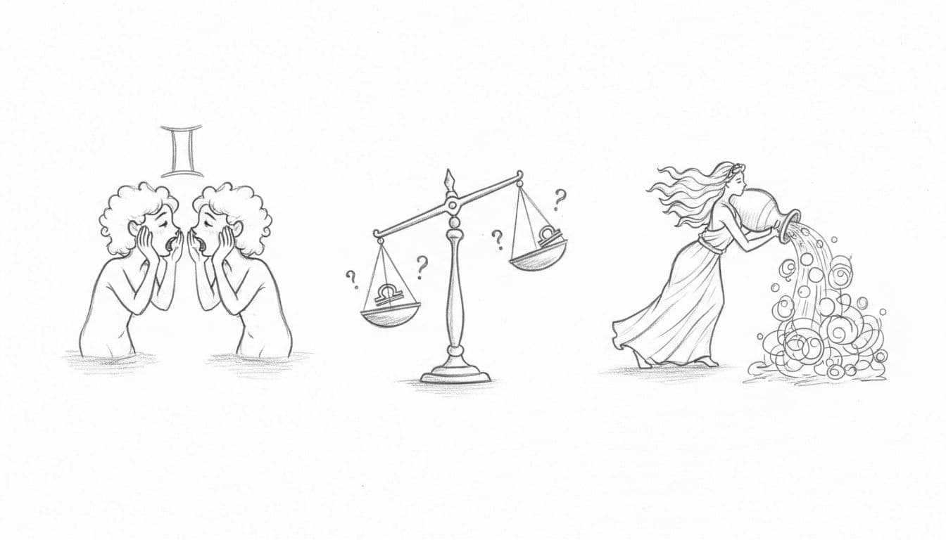 Hand-drawn graphite sketch featuring Gemini twins gossiping, Libra scales tipping indecisively, and Aquarius water bearer pouring chaotic ideas, illustrating the ironic dark side of air signs on white paper.