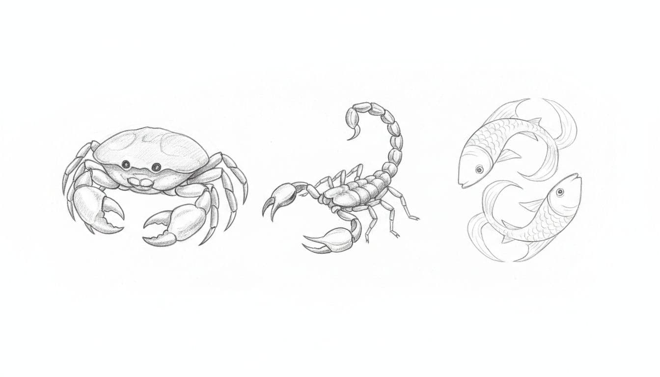 Hand-drawn graphite linework sketch featuring the three water zodiac signs: moody Cancer crab pinching, secretive Scorpio scorpion stinging, and evasive Pisces fish swimming, arranged in a row on white paper with light shading.
