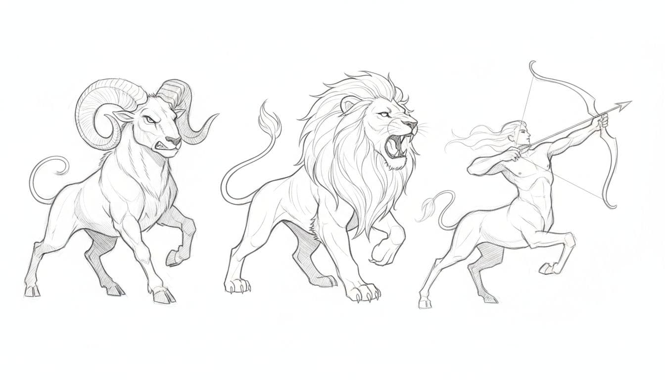 Hand-drawn graphite linework sketch of three fire zodiac symbols: angry charging Aries ram, proud roaring Leo lion in mirror, and wild shooting Sagittarius archer, arranged in a row on white paper.