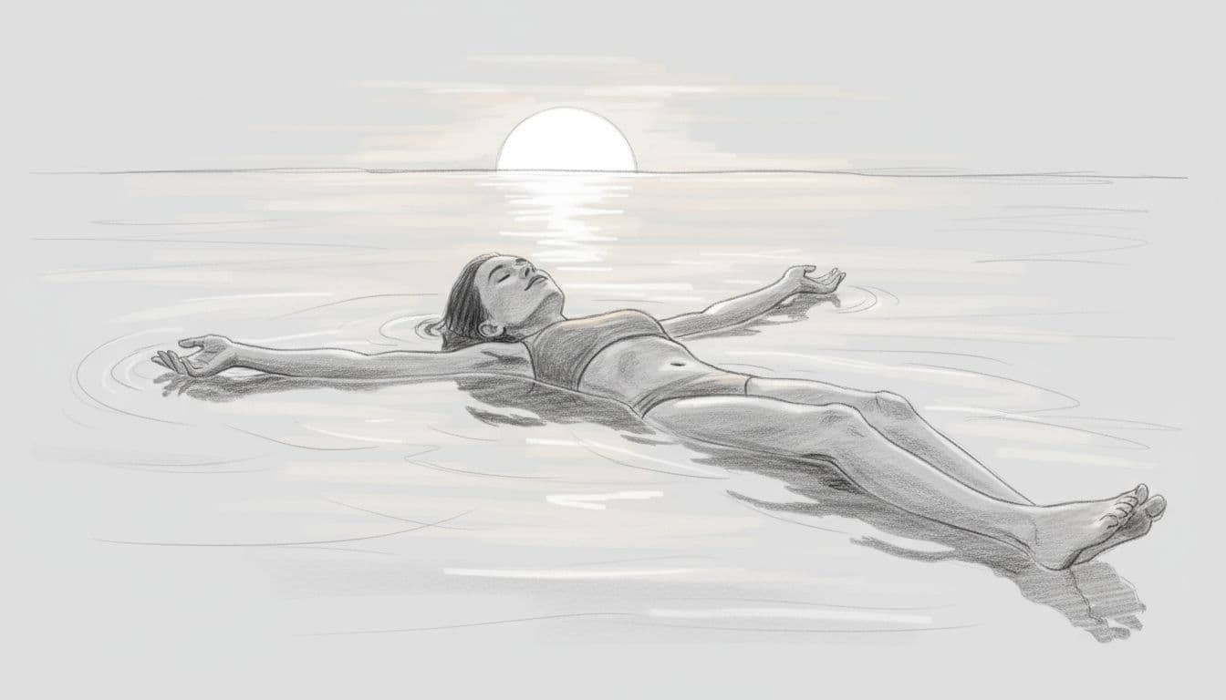 Hand-drawn graphite sketch of one relaxed person floating on their back in calm lake water at sunset, arms spread, peaceful face, serene surface, light shading on light gray background.