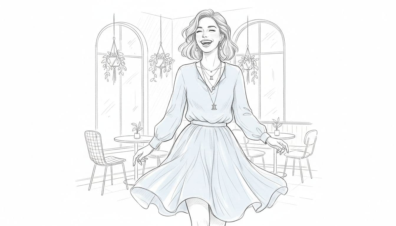 Hand-drawn graphite sketch of a laughing Gemini woman in light pastel blue flowy blouse and skirt with layered necklaces, in an airy cafe interior, three-quarter body view, light shading on clean white background.