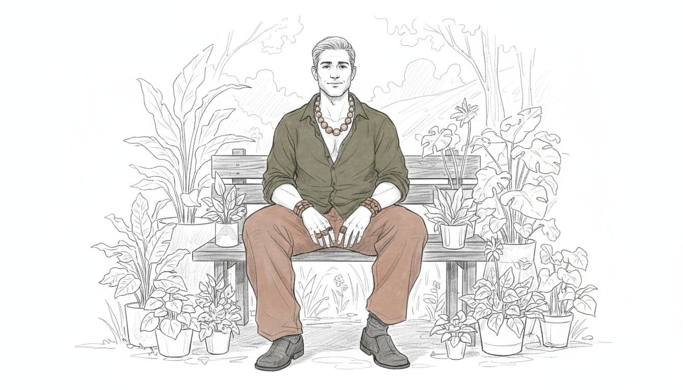 A relaxed Taurus man in earthy tones linen shirt and pants with wooden jewelry, seated comfortably on a wooden bench surrounded by potted plants in a natural outdoor setting. Hand-drawn graphite sketch with light shading and clean white background, full-body composition.