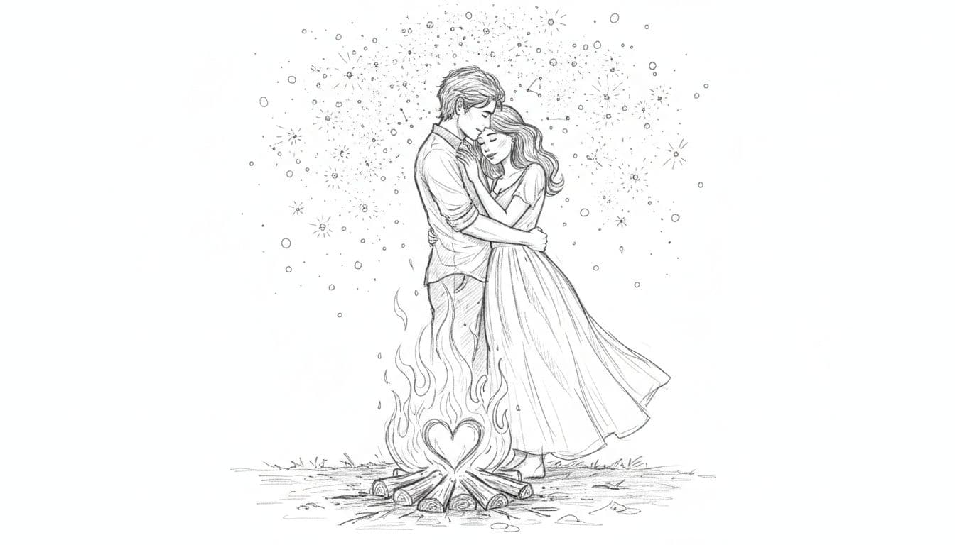 Hand-drawn graphite sketch of a man and woman in a natural romantic embrace by a campfire under a starry sky, symbolizing fiery passion in love with light shading on white paper.