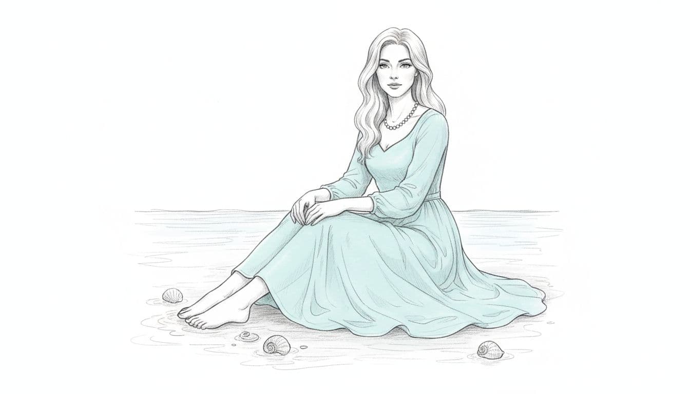 Hand-drawn graphite sketch of a serene Cancer woman in a soft flowing aqua dress with pearl necklace, seated gently near calm water edge with scattered seashells, full-body view on clean white background.