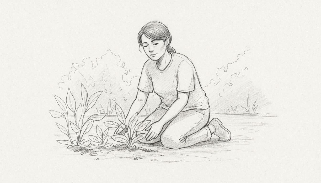 Hand-drawn graphite sketch of one person kneeling in a sunny backyard, gently tending plants with hands in soil, serene expression, light shading on clean light gray background.