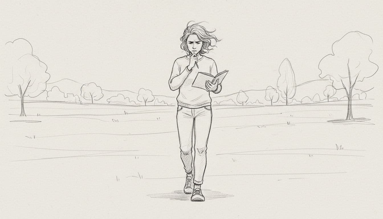 Hand-drawn graphite sketch of one person walking thoughtfully in a breezy park, wind tousling hair, holding a simple notebook, on light gray paper background.