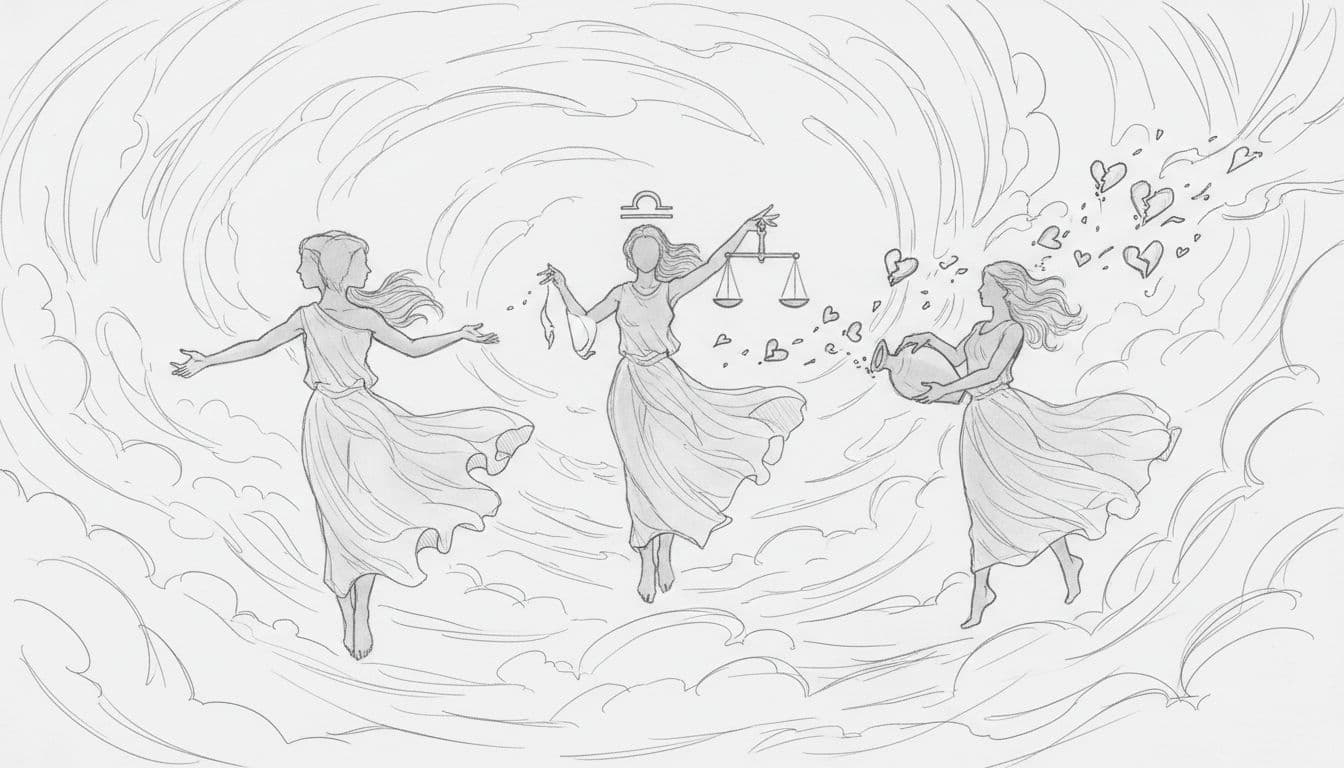 Silhouettes of Gemini, Libra, and Aquarius in light poses with wind carrying pieces of a broken heart through a dynamic cloudy sky, rendered in hand-drawn graphite sketch style on light gray paper.