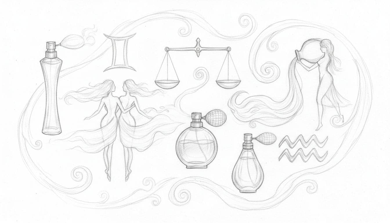 Hand-drawn graphite sketch of Gemini twins, Libra scales, and Aquarius water bearer symbols with swirling winds and floating airy perfume bottles on clean white paper.