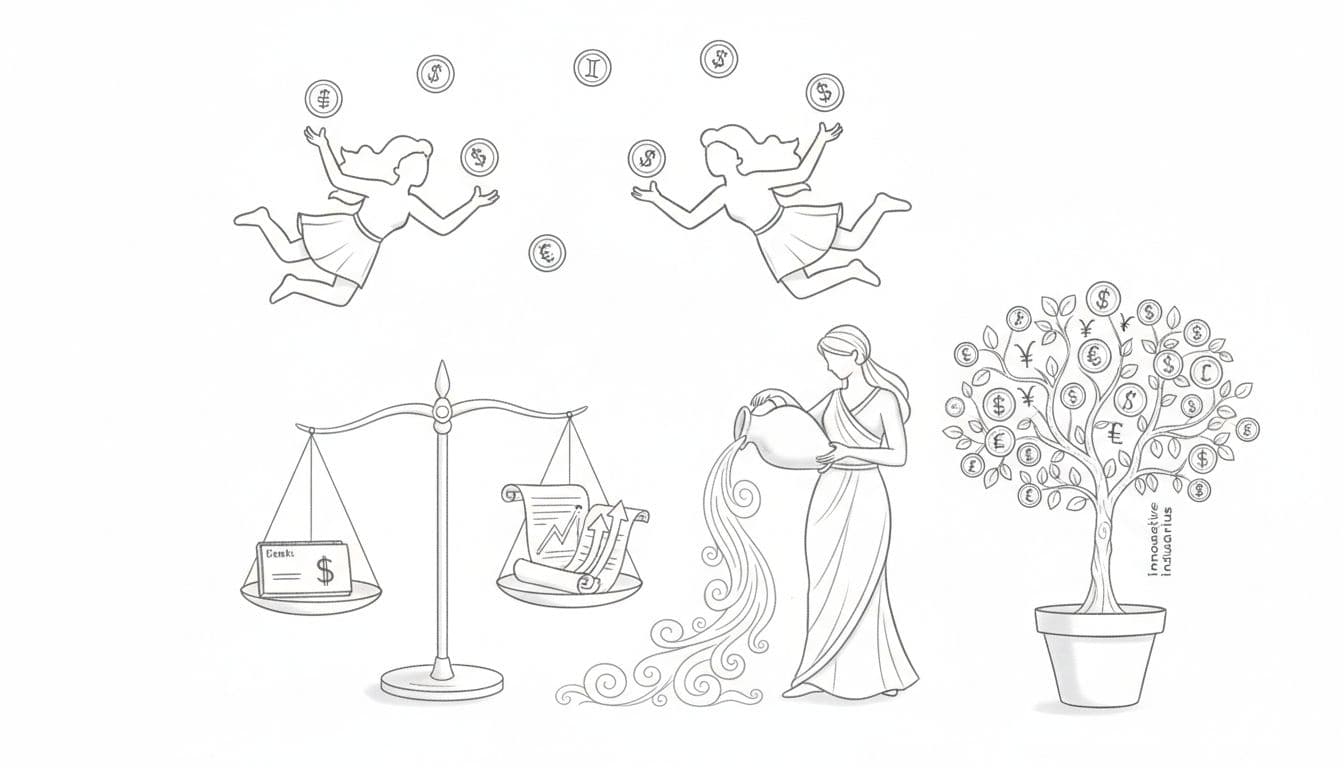 Graphite sketch shows Gemini twins juggling coins, Libra scales balancing charts, Aquarius pouring ideas into money tree.