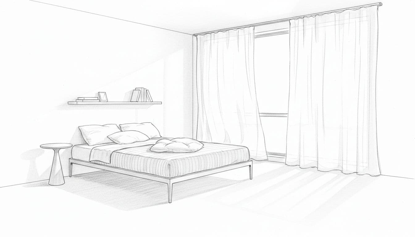 Hand-drawn graphite linework sketch of a light, spacious modern bedroom for air zodiac signs, with light blue and white bedding on a sleek metal frame bed, floating shelves, billowing sheer curtains, and soft diffused daylight.