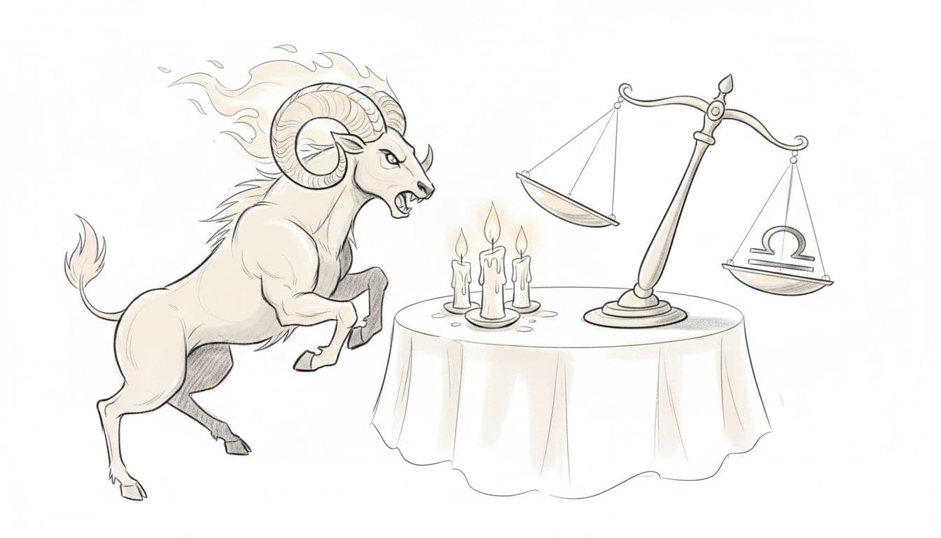 Hand-drawn graphite sketch of fiery Aries ram charging aggressively at tipping Libra scales on a romantic candlelit dinner table, illustrating clashing energies in dating. Side view with light shading on white background, neutral palette, no colors or extra elements.