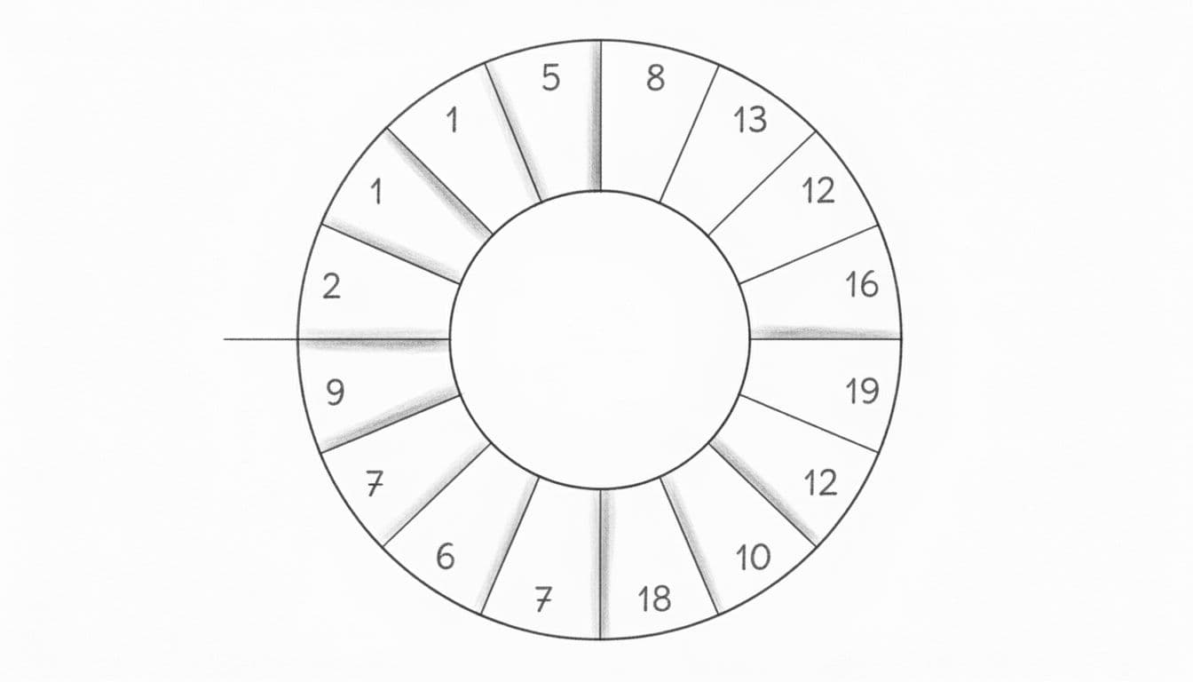 Hand-drawn schematic circle representing the 12 astrological houses in a horoscope, numbered 1-12 with even divisions and empty center, graphite linework on white paper.