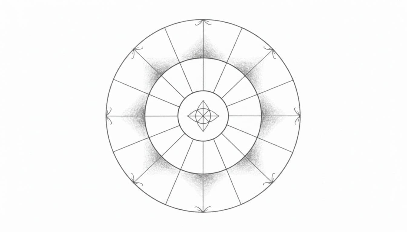 Hand-drawn graphite sketch of circular astrological wheel divided into 12 shaded houses on white paper.