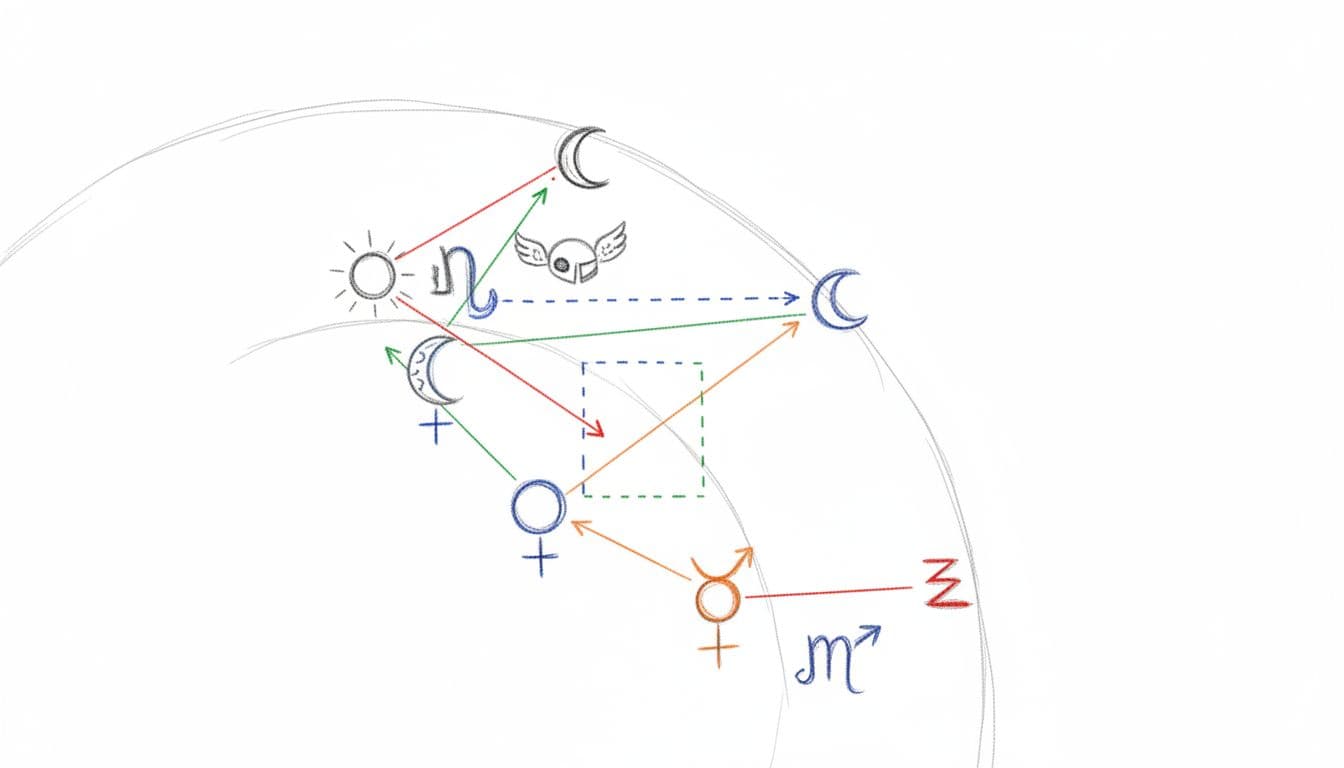Graphite linework sketch on white paper with planet icons around partial wheel connected by red solid, blue dashed, orange, and green curved lines.