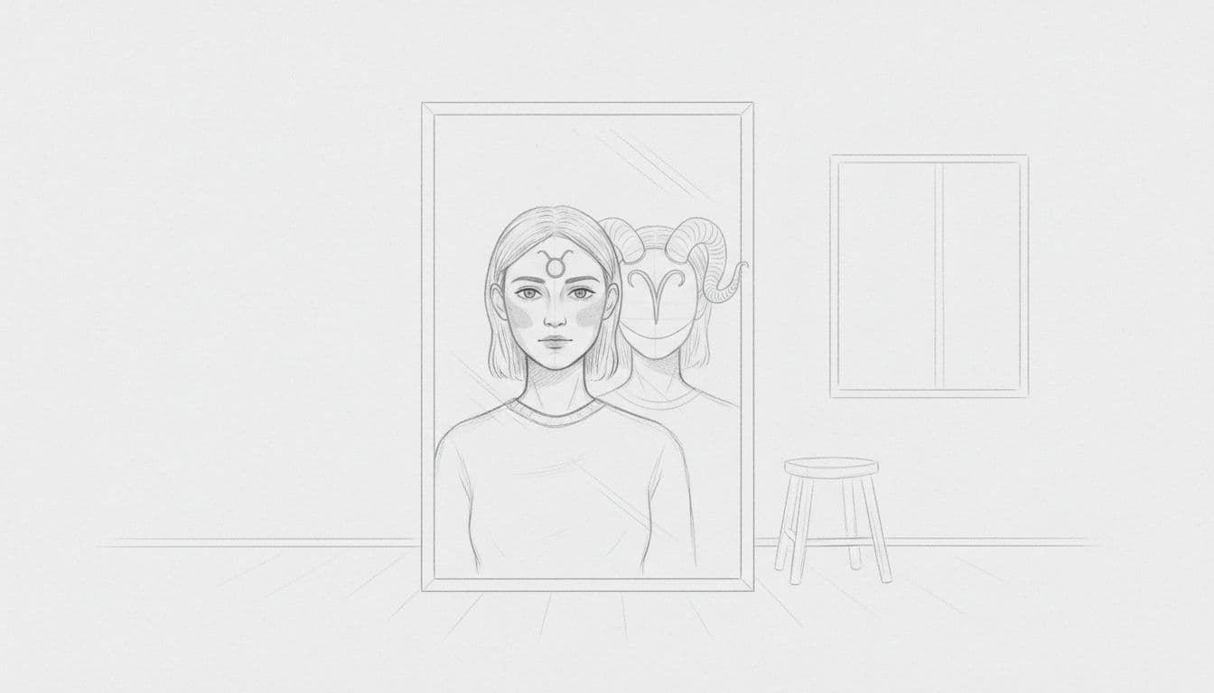 A person stands before a large mirror in a simple room; their reflection shows an Aries zodiac mask on the face, while the actual face reveals a gentle Taurus symbol. Hand-drawn graphite sketch in monochromatic grays on light gray paper.