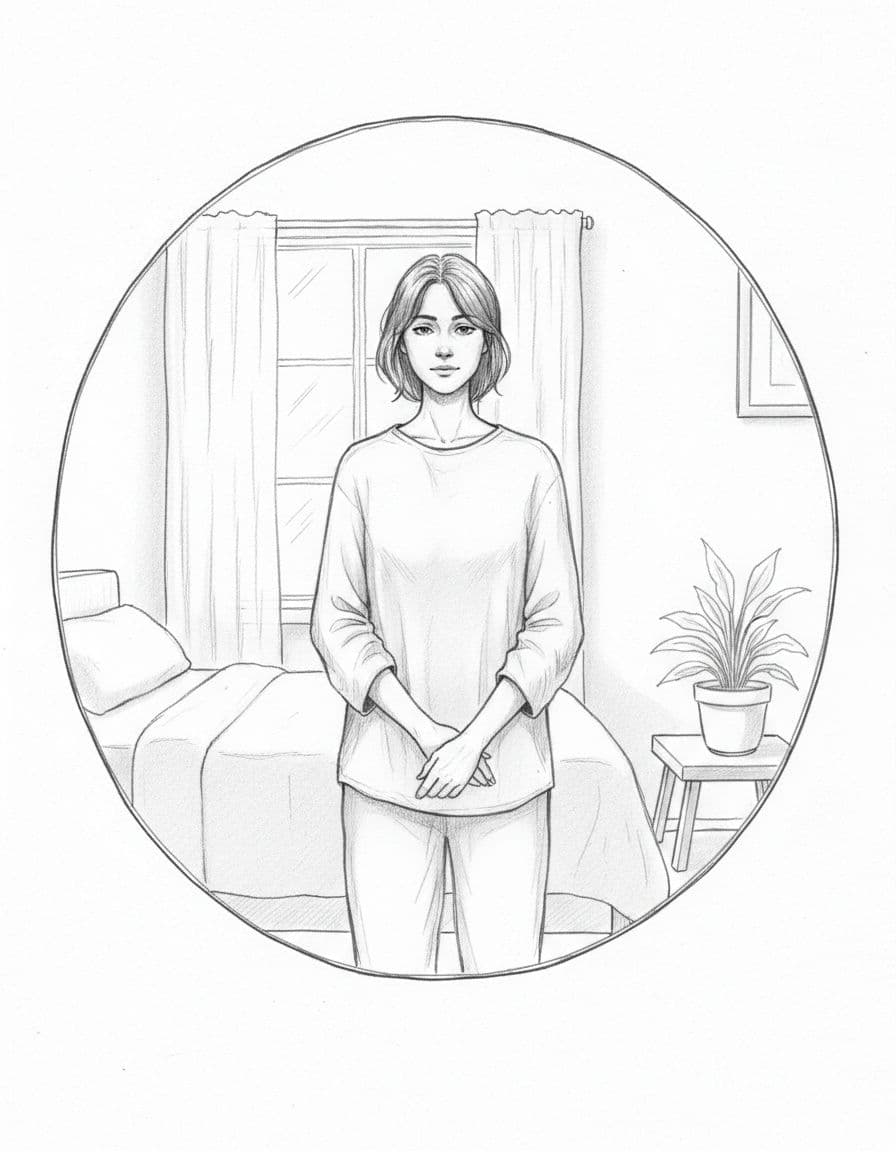 Hand-drawn graphite sketch of one person standing before a mirror in a calm bedroom, gazing at their reflection with central focus on the eyes, illustrating the first house of astrology linked to personality and appearance.
