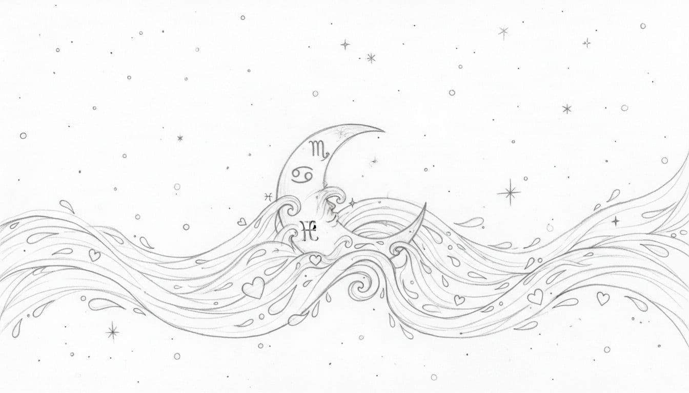 Hand-drawn sketch of the Moon in its astrological sign, surrounded by soft waves of emotions like tears, hearts, and smiles in a starry night sky. Central composition with delicate graphite linework and light shading on clean white paper.