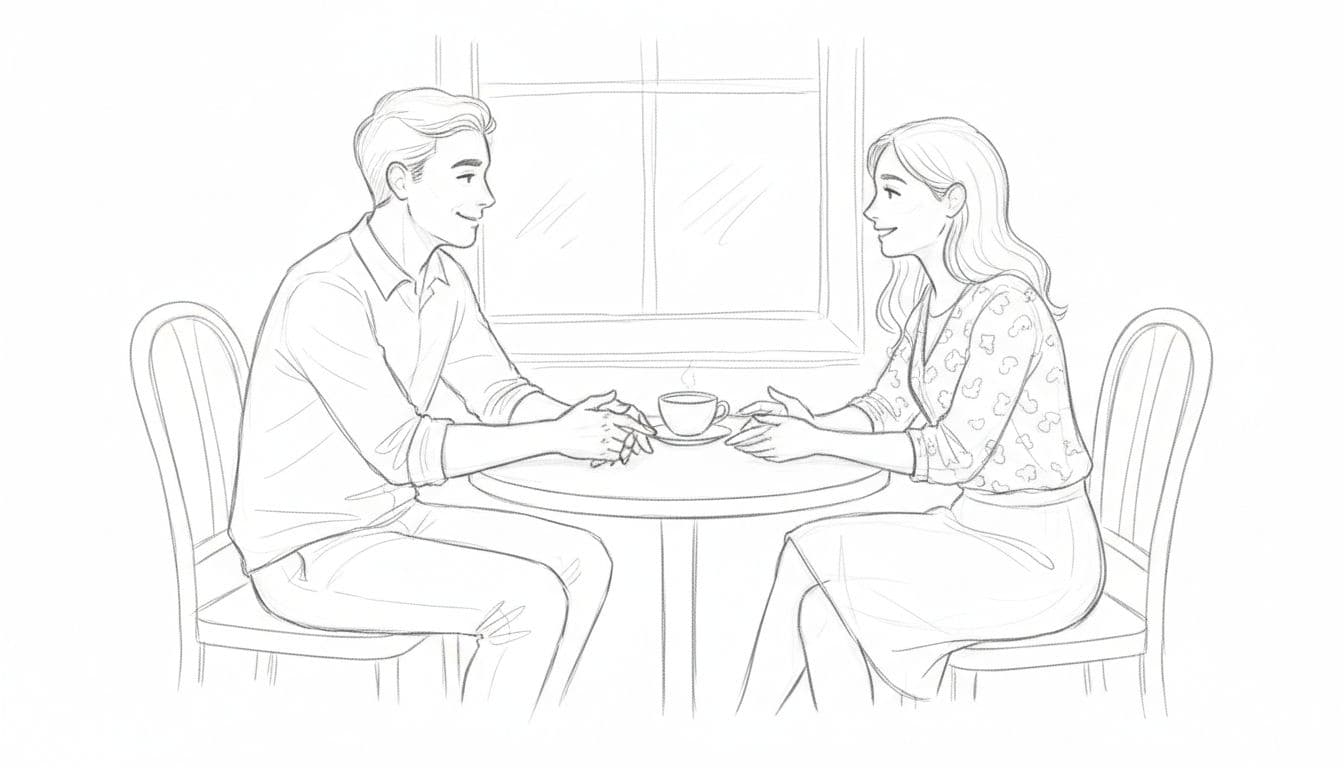 Hand-drawn graphite sketch of two people sitting opposite at a café table, smiling and conversing with relaxed hands on the table, illustrating partnerships and relationships in the seventh astrological house.