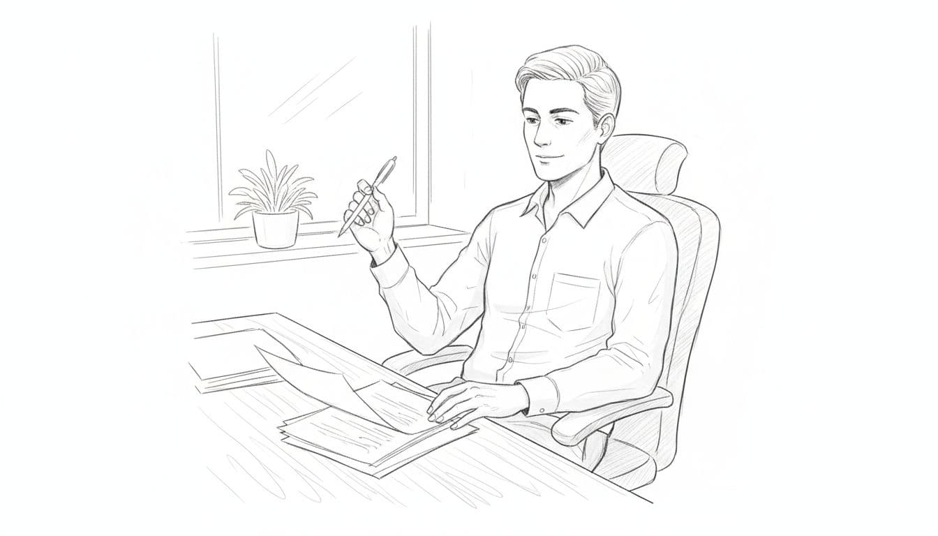 Hand-drawn graphite sketch of one person sitting relaxed at an office desk with papers and pen loosely in hand, focused on figure and simple office environment, illustrating the tenth house of career and public status.