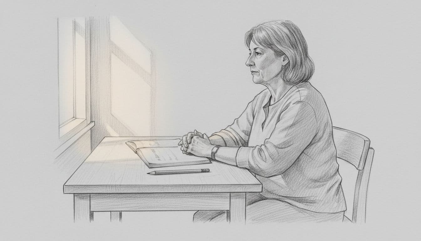 A middle-aged person seated at a wooden desk with an open notebook featuring faint birth date scribbles, a pencil nearby, captured in a side-angle hand-drawn graphite sketch on light gray paper.
