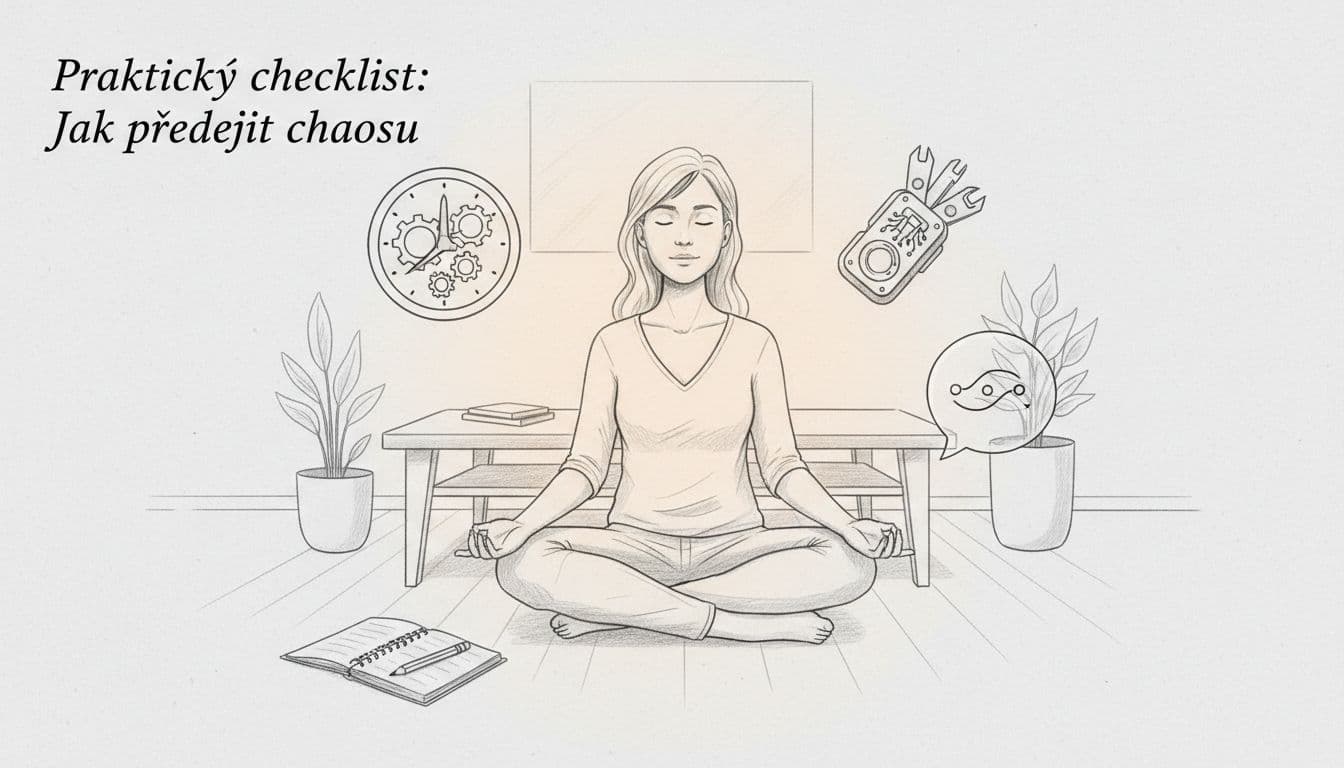 A calm person meditates cross-legged on the floor in a minimalist living room, notebook and pen nearby, surrounded by symbols like a fixed clock, repaired gadget, and clear speech bubble. Hand-drawn graphite pencil linework with light shading on light gray paper.