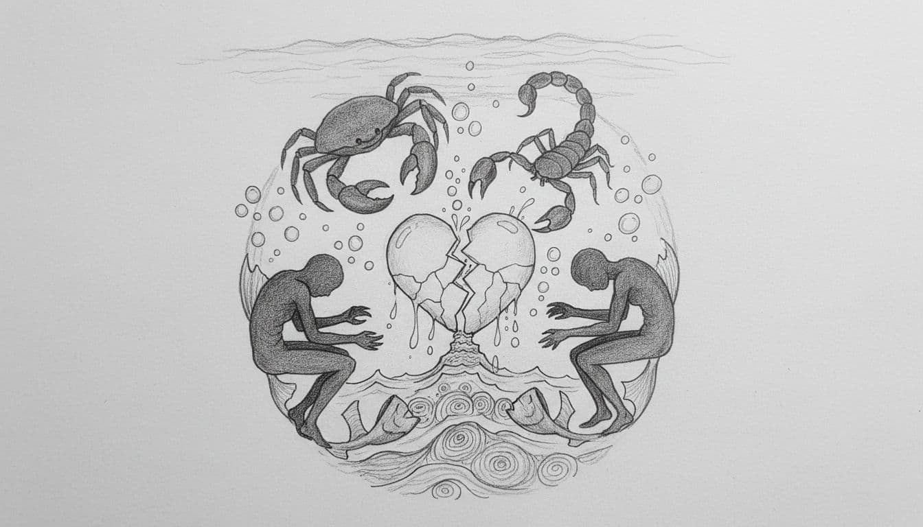 Silhouettes of Cancer, Scorpio, and Pisces in emotional poses surround a broken heart submerged in ocean waves and tears, with bubbles in an underwater scene composed from below. Hand-drawn graphite sketch style with light shading on clean light gray paper background.