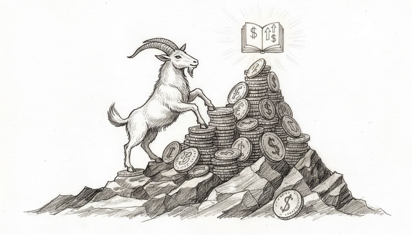 Hand-drawn graphite sketch of Capricorn zodiac goat climbing a mountain of stacked coins toward a shining investment portfolio summit on rocky path, grayscale with light shading on white background.
