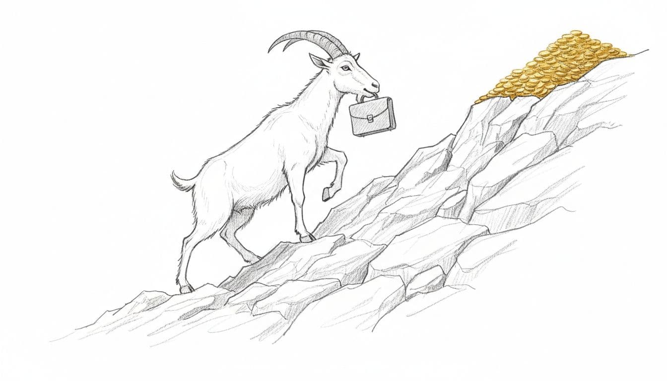 Capricorn goat climbing steep rocky mountain path with briefcase in mouth, golden coins pile at summit. Dynamic ascending side view from below in hand-drawn graphite sketch style with light shading.