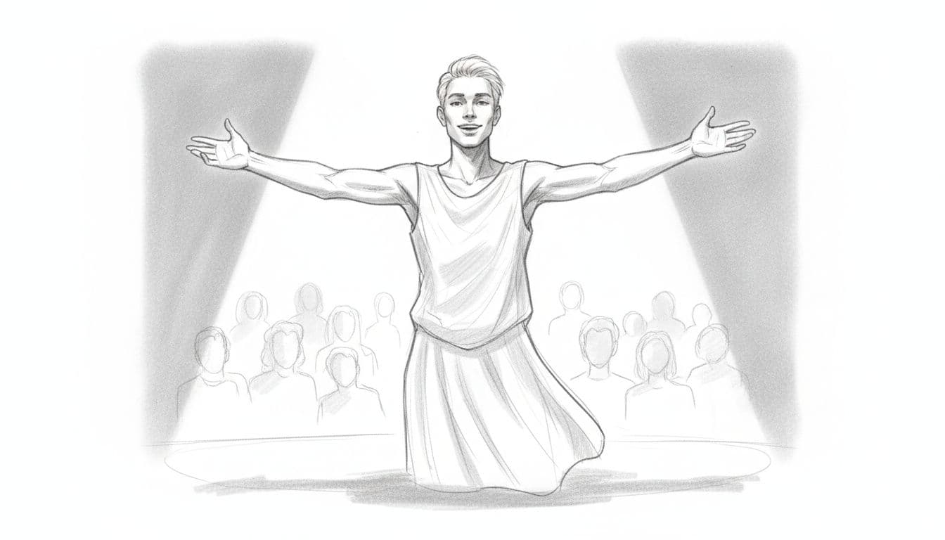 Confident young adult embodying a typical Leo stands center stage under soft spotlight, arms open in welcoming gesture to shadowed audience, in hand-drawn graphite sketch style with light shading.