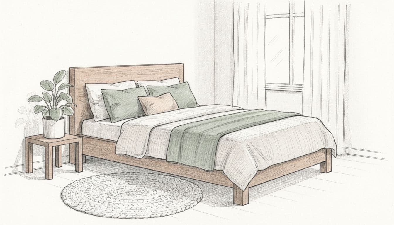 Hand-drawn graphite linework sketch of a cozy bedroom for earth zodiac signs, featuring neutral beige and earthy green cushions on a wooden bed frame, potted plant, textured linen bedding, woven rug, and soft natural light through sheer curtains on a clean white paper background.