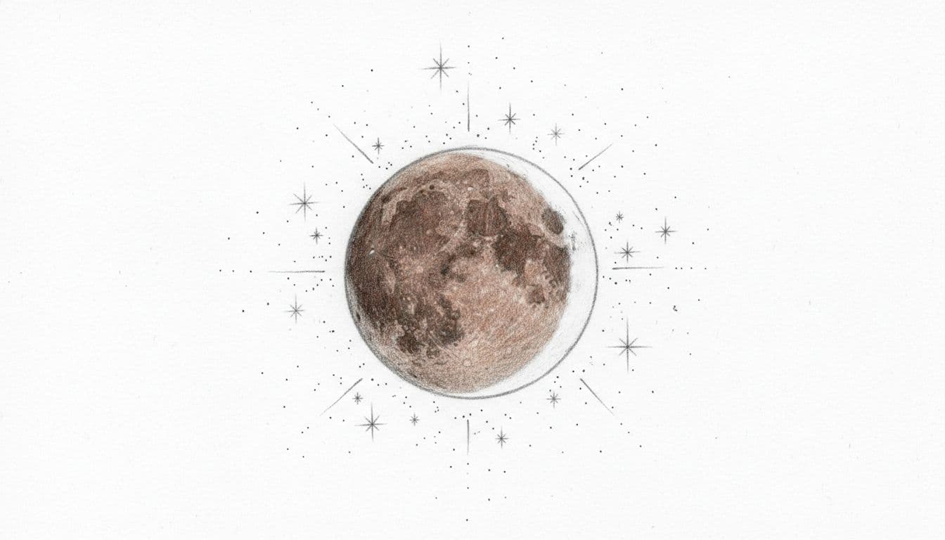 Hand-drawn graphite sketch of a dramatic partial lunar eclipse in 2026, showing the moon turning reddish in a starry night sky with serene atmosphere and light shading on clean white background.