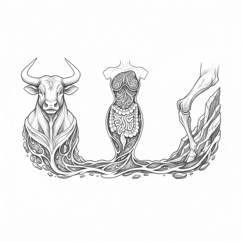 Graphite sketches of Taurus bull with neck mound, Virgo maiden with intestines soil, Capricorn goat with knee rock, side-by-side with connecting ground textures.