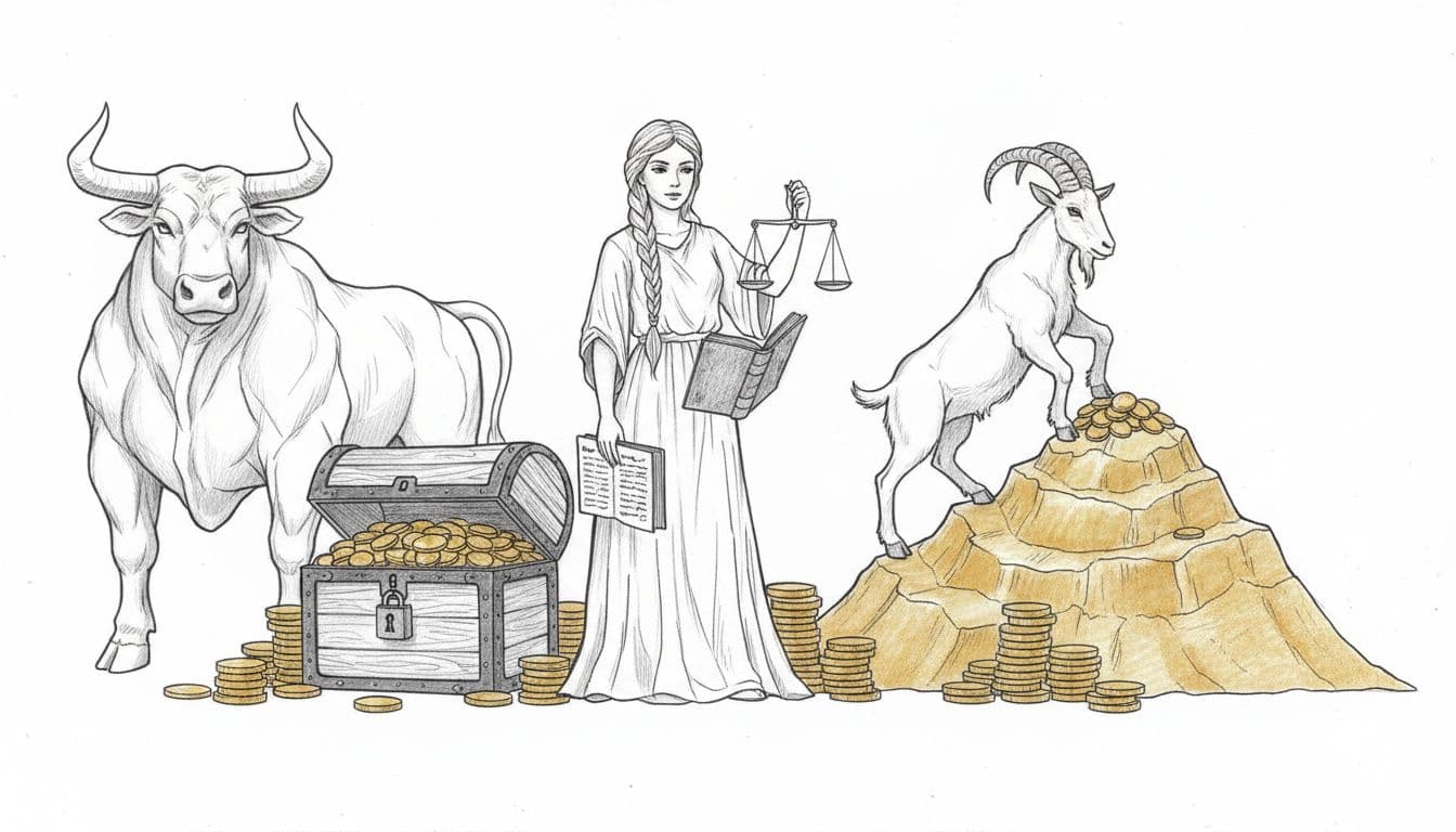 Graphite sketch of Taurus bull by treasure chest, Virgo maiden with scales and ledger, Capricorn goat climbing golden peak amid stacked gold coins.
