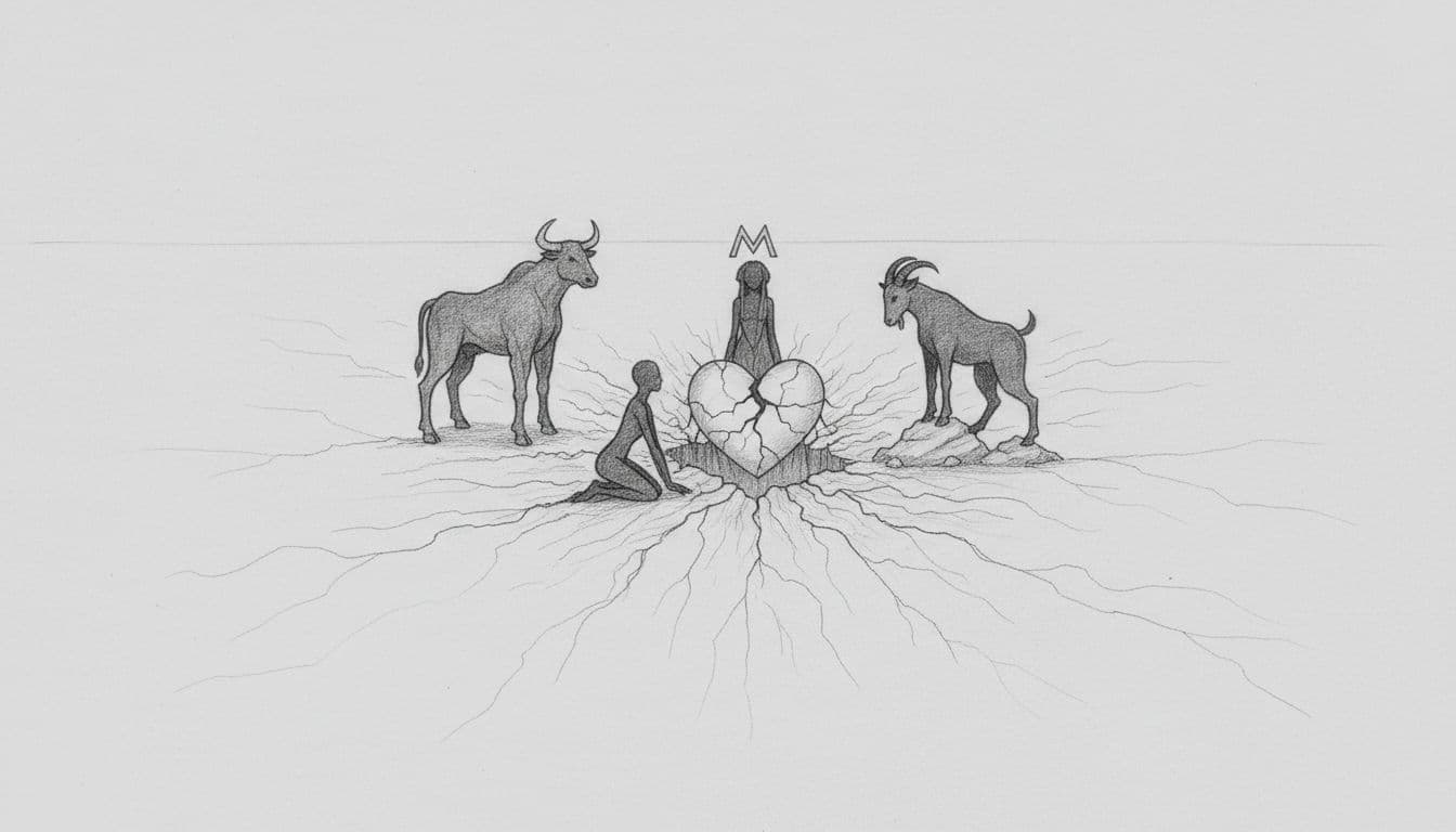 Hand-drawn graphite sketch of Taurus, Virgo, and Capricorn silhouettes in stable poses surrounding a cracked heart embedded in rocky desert ground with subtle cracks, side composition on light gray paper.