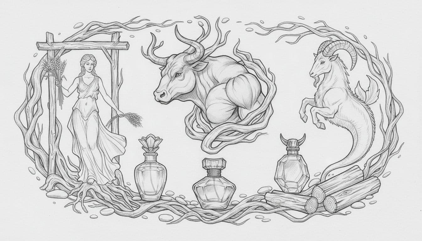 Hand-drawn graphite sketch featuring Taurus bull, Virgo maiden, and Capricorn goat zodiac symbols surrounded by wood branches and sturdy perfume bottles on light gray paper, with light shading and pale gray tones.