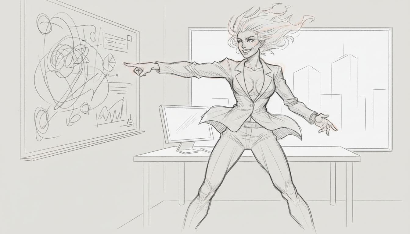 Hand-drawn graphite sketch of a dynamic, energetic boss with fiery personality pointing at a whiteboard in a modern office, light shading on gray paper.