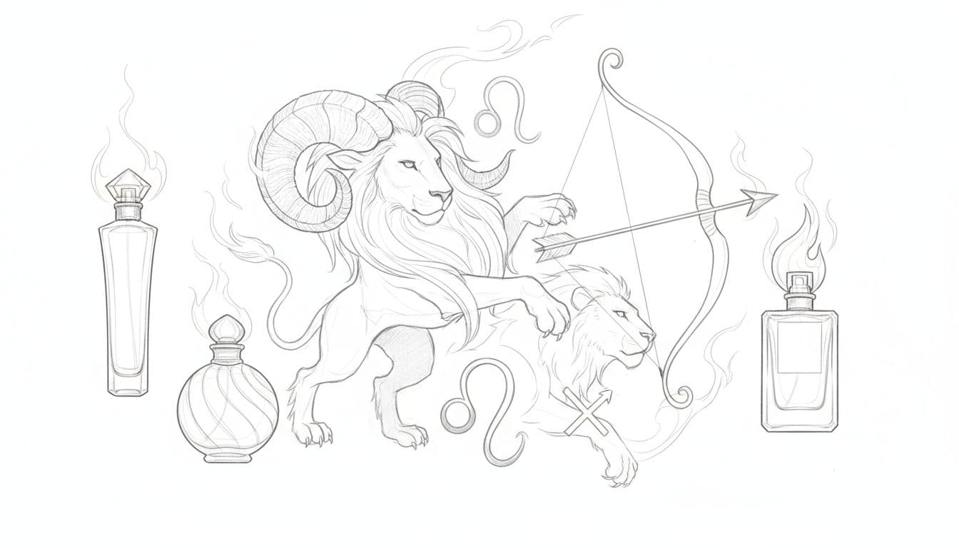 Hand-drawn graphite sketch of Aries ram, Leo lion, and Sagittarius archer zodiac symbols intertwined with subtle flames and elegant perfume bottles on clean white paper.