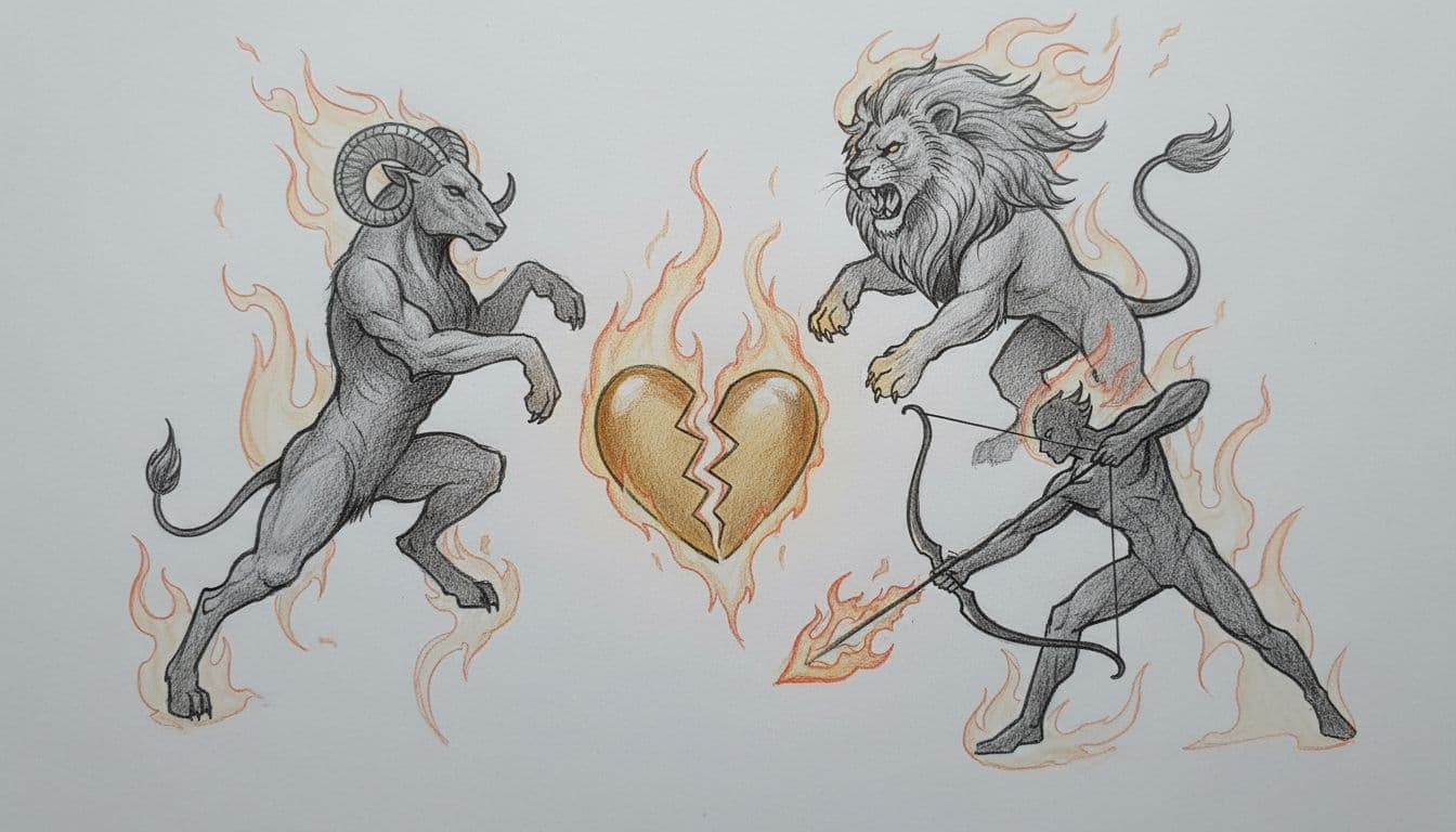 Silhouettes of Aries (ram), Leo (lion), and Sagittarius (archer) in dynamic poses encircling a central burning broken heart in a dark space with subtle flames, top-down composition in hand-drawn graphite sketch style with light shading on clean light gray paper.