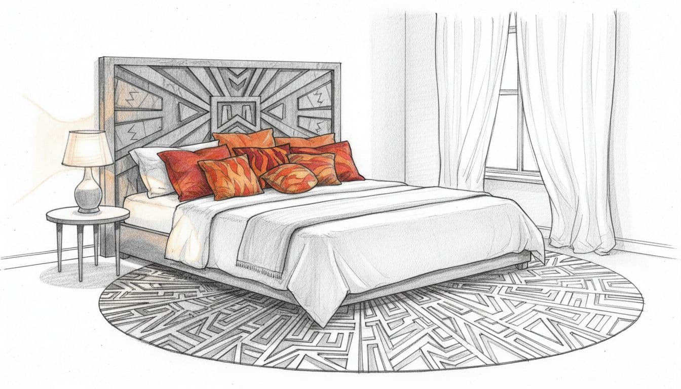 Hand-drawn graphite linework sketch of a cozy, energetic bedroom for fire signs, featuring warm orange-red cushions on a large bed, bold wooden headboard, dynamic rug, soft lamp glow, and flowing curtains on one window. Simple centered composition on white paper with light shading, no people, text, or extra objects.
