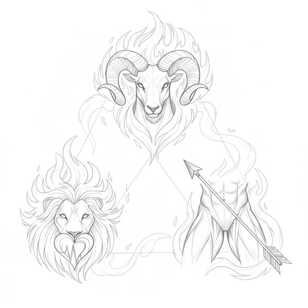 Graphite sketch of Aries ram head flames, Leo lion heart fire, Sagittarius arrow thigh arranged in triangle with connecting fire motifs on white paper.