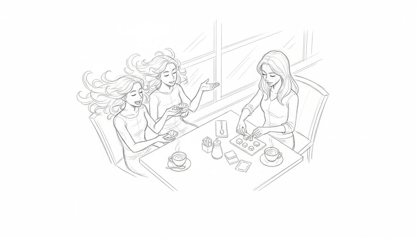Hand-drawn graphite sketch of chatty Gemini twins gesturing wildly at meticulous Virgo sorting items on a cafe table during a coffee date, overhead view capturing zodiac friction in neutral palette.