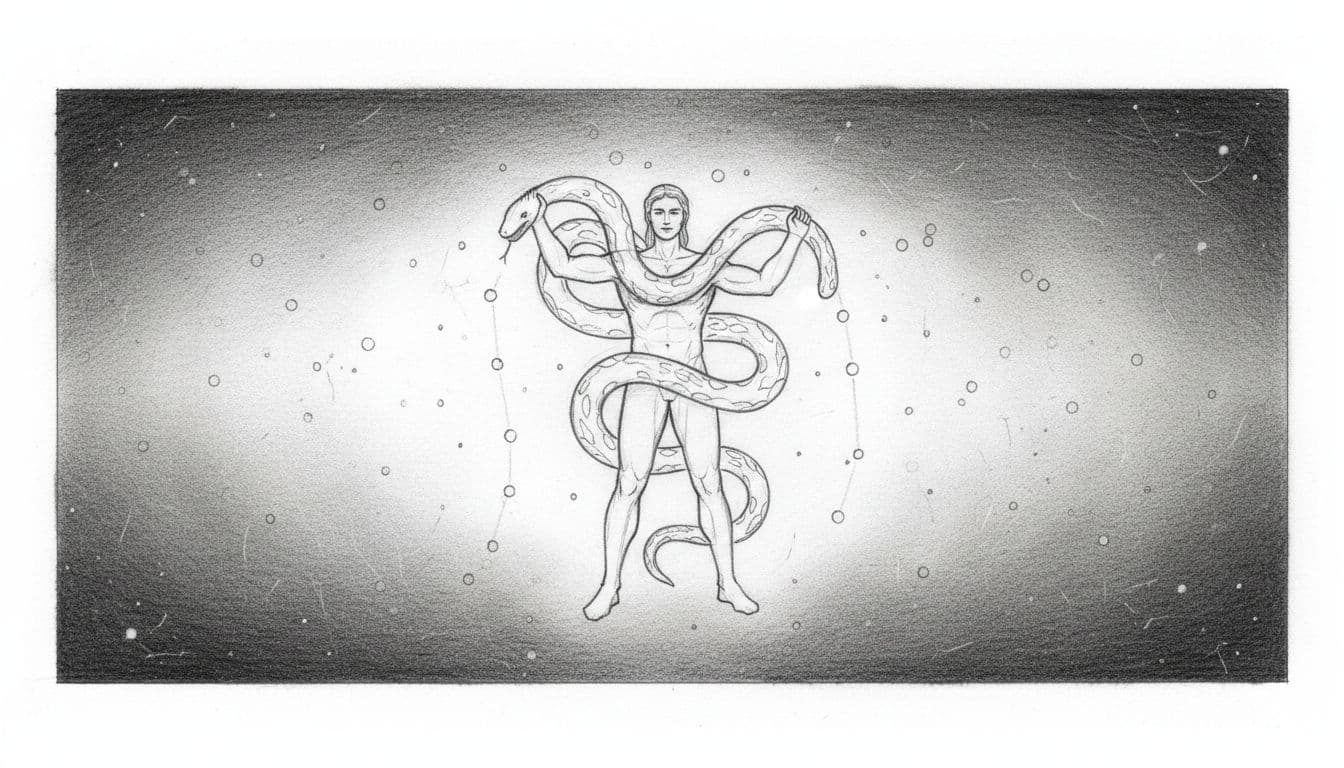 Hand-drawn graphite sketch of the Hadonoš (Ophiuchus) constellation on a dark night sky, with stars connected by thin lines forming a man holding a large serpent, central composition and subtle star field.