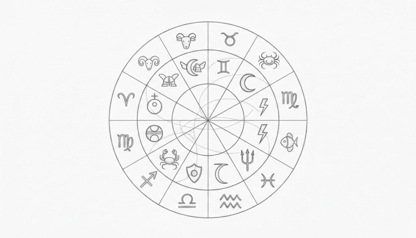 Graphite linework sketch of circular astrology chart with zodiac signs, houses, planets, and aspects on white paper.