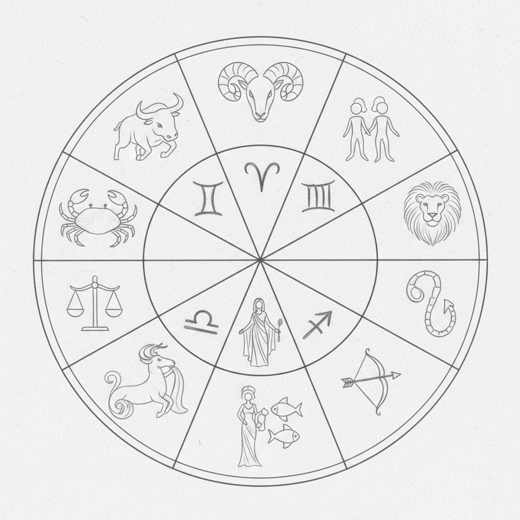 A centered, tight composition of a circular zodiac wheel divided into 12 equal sections, each featuring a simple symbolic line drawing of a zodiac sign from Aries ram to Pisces fish, in hand-drawn graphite sketch style with light shading on a very light gray paper background, monochromatic grays only.