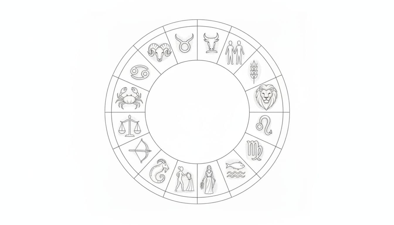 Graphite sketch of circular zodiac wheel divided into 12 segments with iconic sign symbols and light shading.