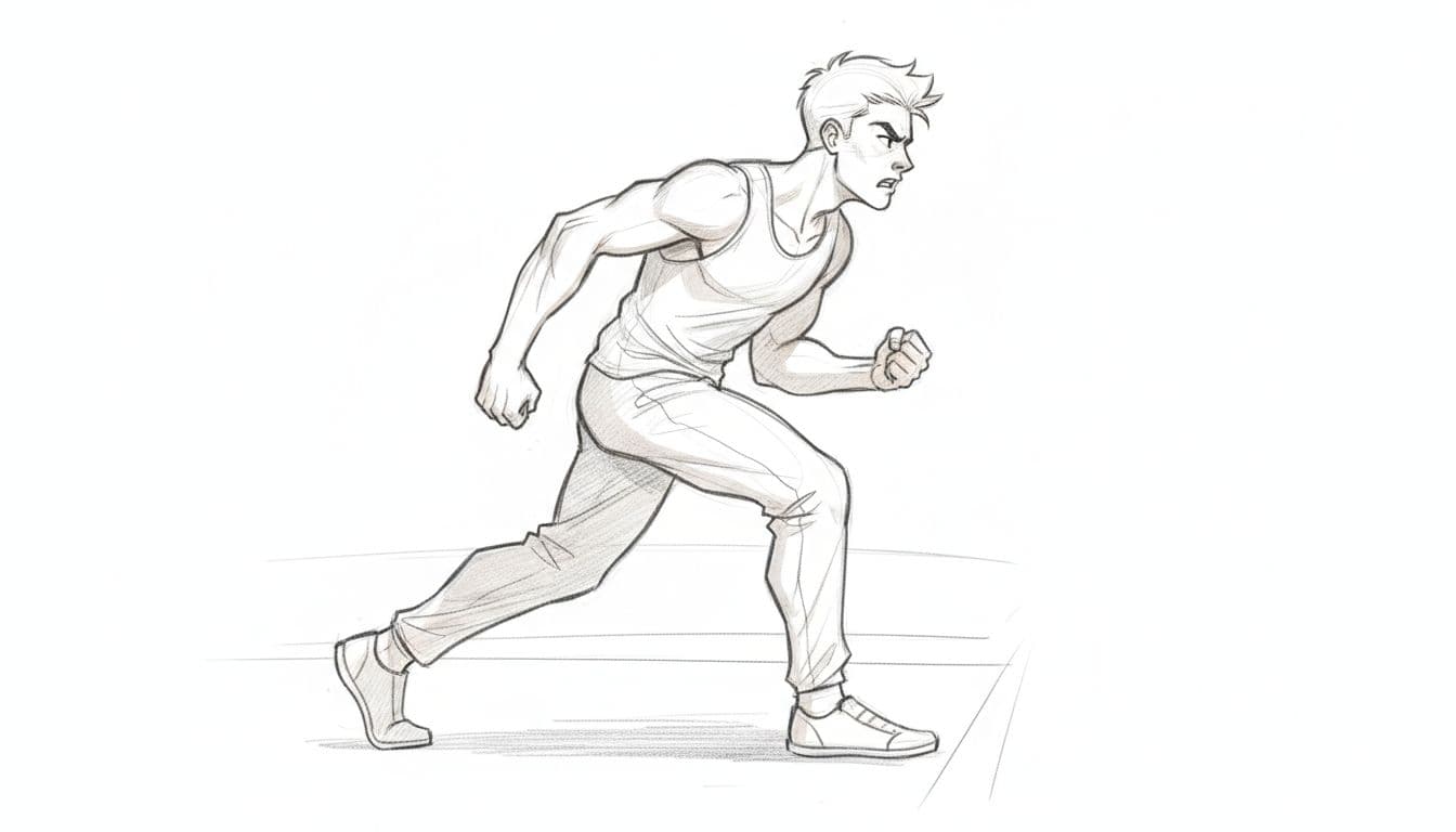 Hand-drawn sketch of energetic young man as Aries zodiac sign, pacing impatiently at racetrack start with frustrated expression and clenched fists.