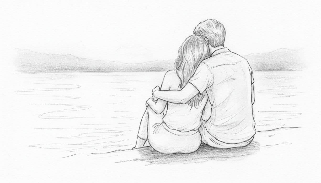 Hand-drawn graphite sketch of an intimate couple sitting closely by a serene lake with gentle ripples, tender arm around shoulder, gazing at the water in soft twilight glow. Monochromatic linework with subtle shading on white background, conveying emotional depth.